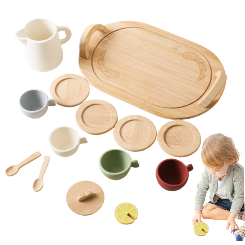 Kids Tea Sets for 3-6 Girls and Boys Simulation Cute Food Grade Tea Party Set Leakproof Developmental Silicone Wooden Set for Role Play Pretend Play Kids Sets Party.