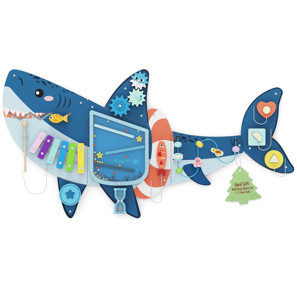 Easyego Wall Busy Board Panels, Montessori Sensory Activity Center - Wooden Educational Toys for Toddlers, Promotes Holistic Development, Holiday/Birthday Gift for Boys & Girls - Shark