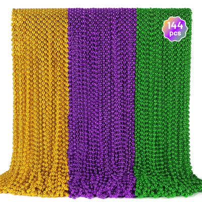 144 PCS Mardi Gras Beads Necklaces, Gold Green Purple Metallic Bead Necklaces 33 Mardi Gras Beads Necklaces Accessories Bulk Party Beads Necklaces for Mardi Gras Party, Throw Beads Party Favors