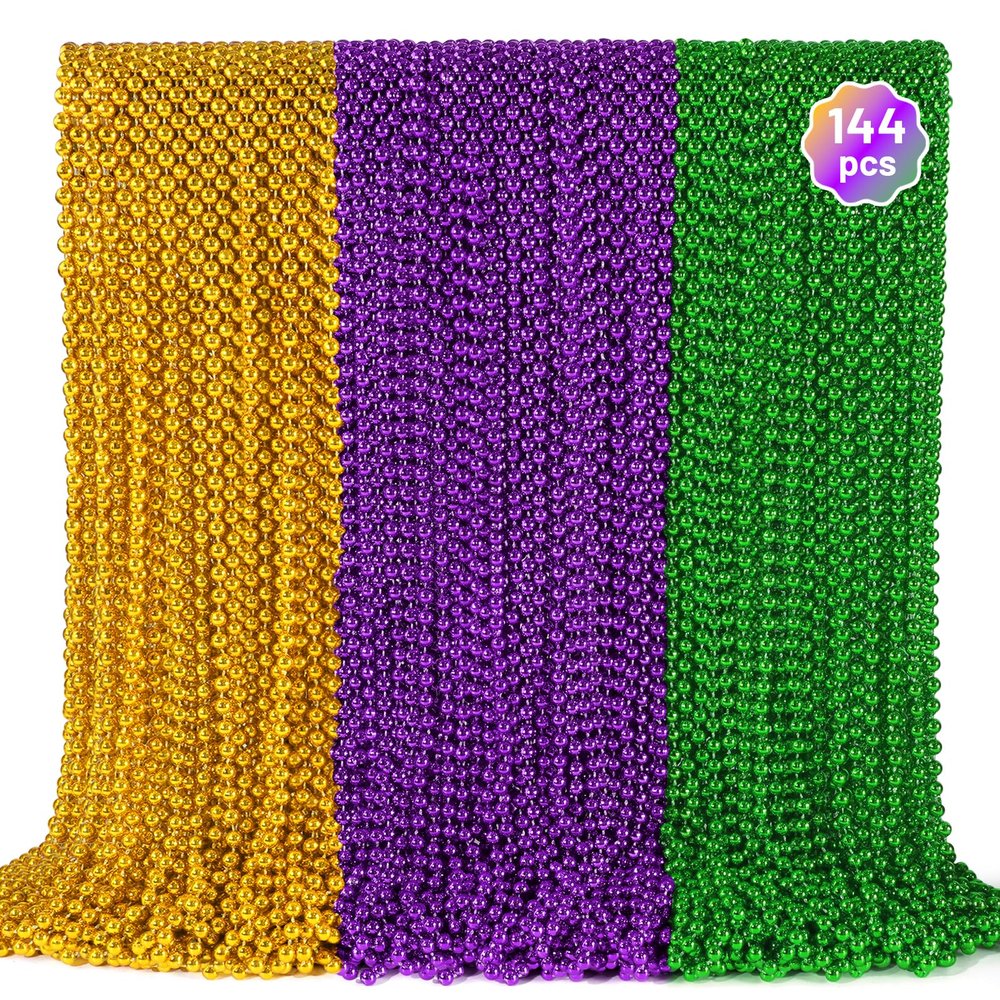 144 PCS Mardi Gras Beads Necklaces, Gold Green Purple Metallic Bead Necklaces 33 Mardi Gras Beads Necklaces Accessories Bulk Party Beads Necklaces for Mardi Gras Party, Throw Beads Party Favors