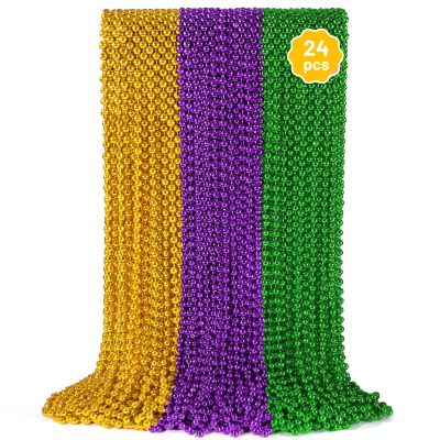24 PCS Mardi Gras Beads Necklaces, Gold Green Purple Metallic Bead Necklaces 33 Mardi Gras Beads Necklaces Accessories Bulk Party Beads Necklaces for Mardi Gras Party, Throw Beads Party Favors