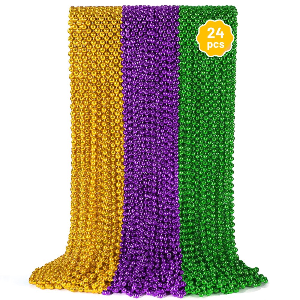 24 PCS Mardi Gras Beads Necklaces, Gold Green Purple Metallic Bead Necklaces 33 Mardi Gras Beads Necklaces Accessories Bulk Party Beads Necklaces for Mardi Gras Party, Throw Beads Party Favors