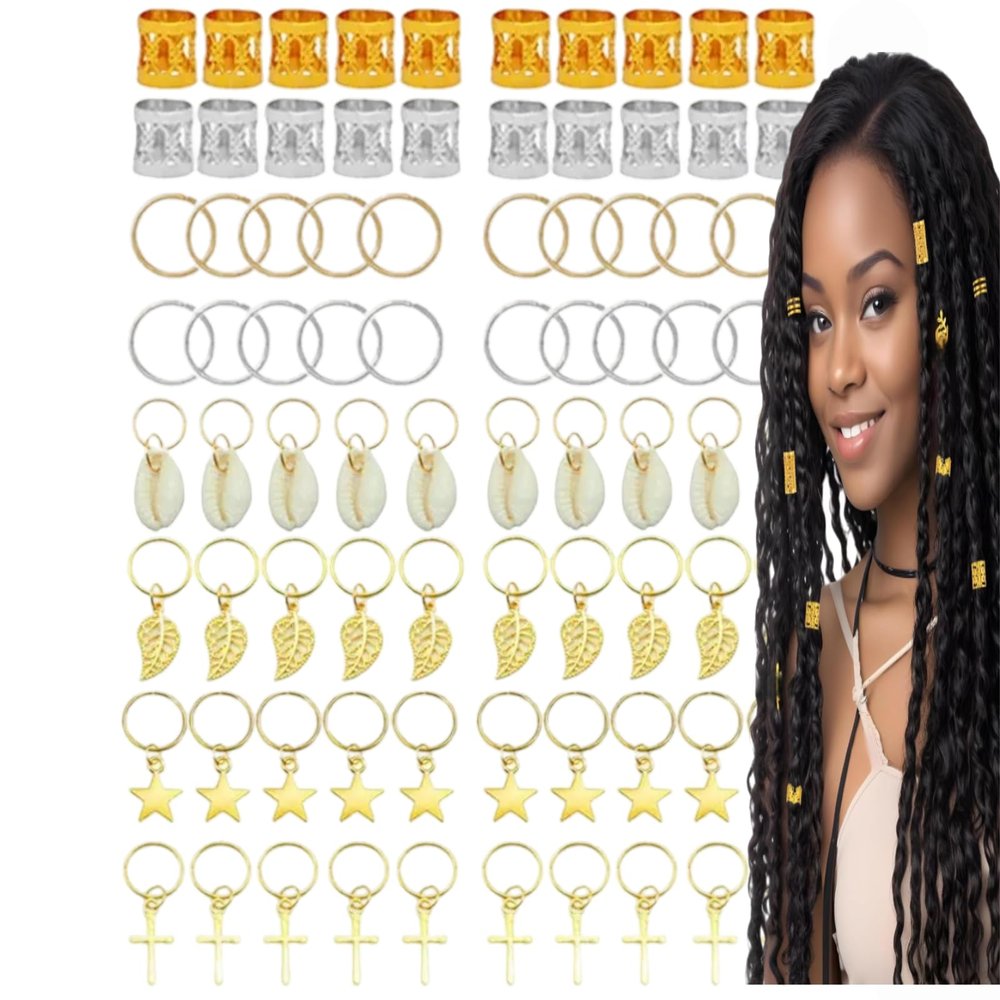 140pcs Gold Hair Jewelry, Gold Hair Rings Cuffs Charms for Braids, AdjustableJewelry Dreadlocks Braid Clips Accessories Decorations for Black Women Men Festival Pirate Halloween