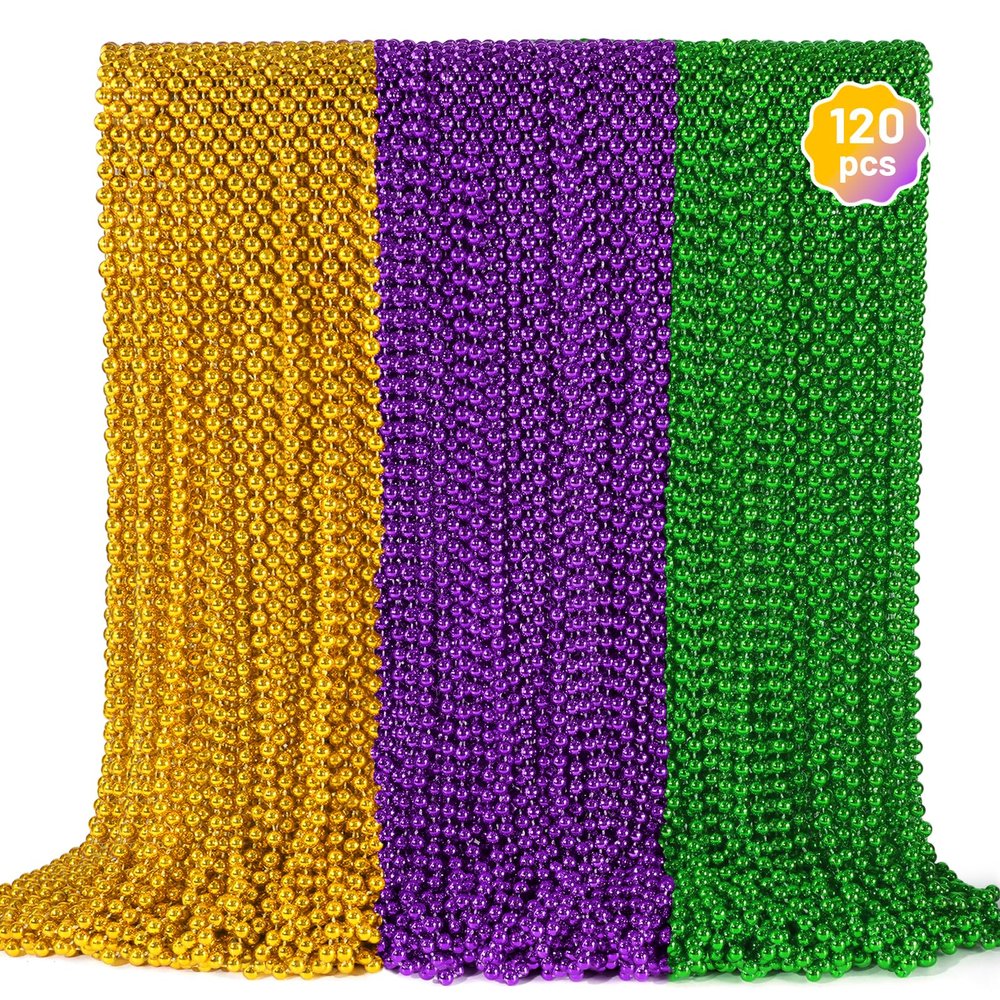 120 PCS Mardi Gras Beads Necklaces, Gold Green Purple Metallic Bead Necklaces 33 Mardi Gras Beads Necklaces Accessories Bulk Party Beads Necklaces for Mardi Gras Party, Throw Beads Party Favors
