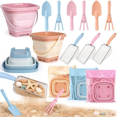 Beach Sand Toys Mesh Shovel Set for Kids, 3 Pack Collapsible Sand Buckets and Filter Sand Scooper with Mesh Bag for Shell Collecting, Shark Tooth Sifter Dipper Sandbox Toys for Toddlers Boys Girls