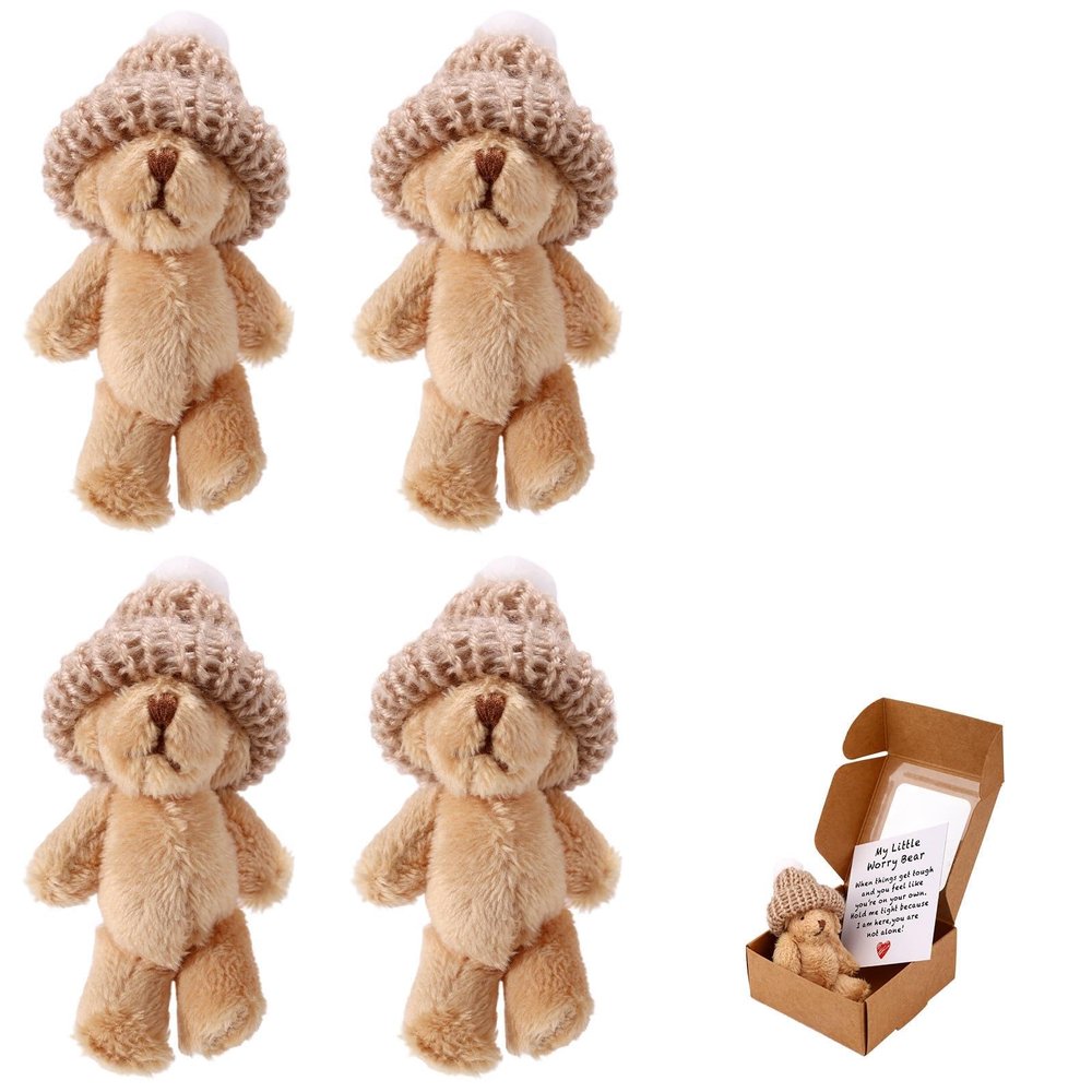 4pcs Mini Plush Bear in Box, Handmade Positive Little Bear with Encouragement Card Inspirational Support Pocket Hug Toy for Friends Family Coworkers Gift