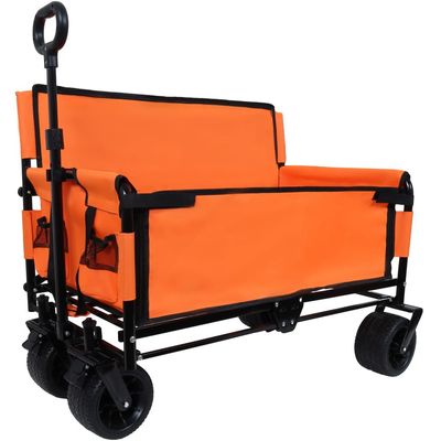 3-in-1 Convertible Folding Wagon Cart with Bench Seat & Storage - 500lbs Heavy-Duty Utility Wagon with All-Terrain Wheels (Orange + Steel)