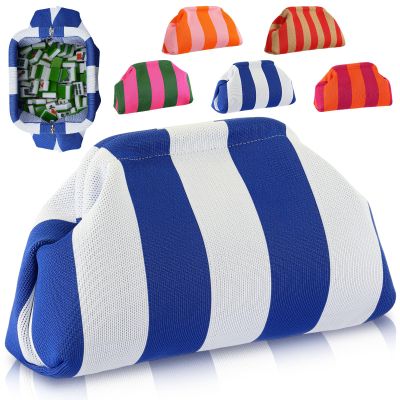 Sunnymove Mahjong Tile Bag Woven Clutch Purses for Women Woven Striped Dumpling Bag Summer Beach Evening Handbag for Mahjong Tile Vacation Supplies(Blue White,Thick Lines)
