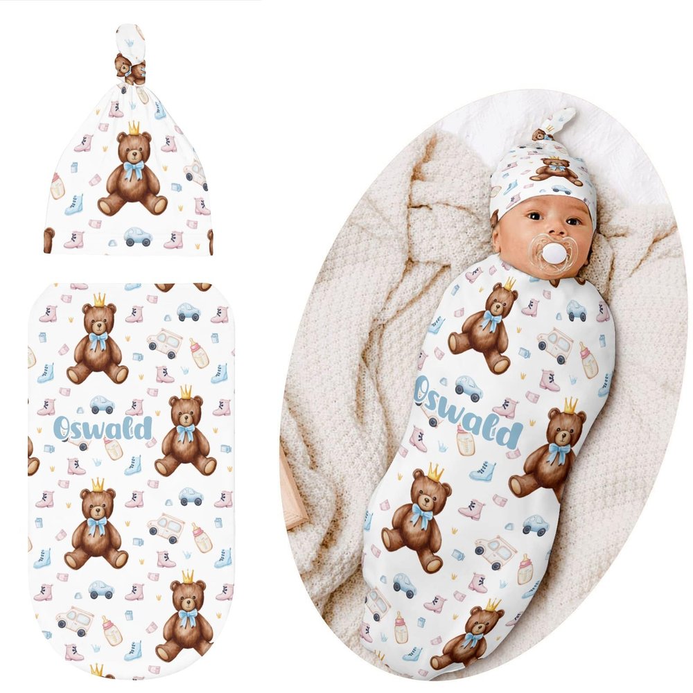 Custom Newborn Swaddle Blankets Hat Watercolor Teddy Bear Sets Soft Baby Receiving Blanket Swaddle Sack for Baby Shower Infant Boy Girl Gift