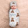 Custom Newborn Swaddle Blankets Hat Watercolor Teddy Bear Sets Soft Baby Receiving Blanket Swaddle Sack for Baby Shower Infant Boy Girl Gift view 3