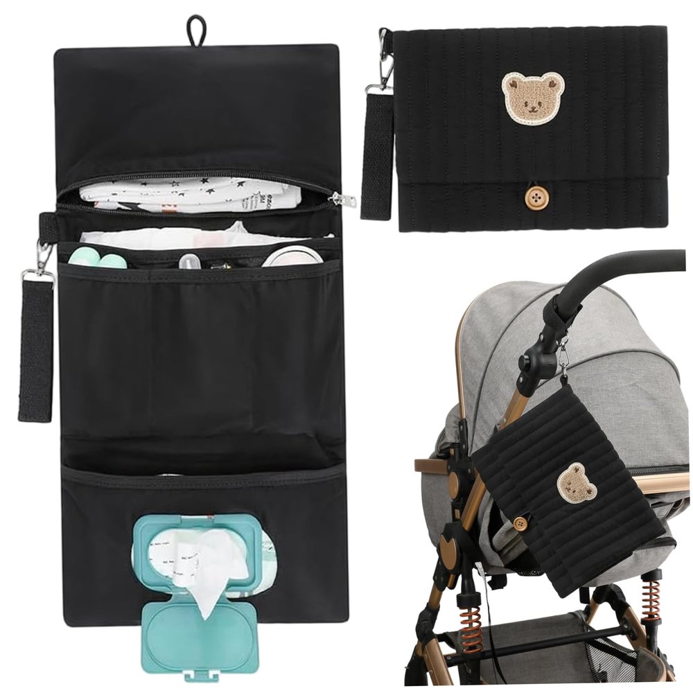 1PC Diaper Bag Organizer Foldable Portable Hanging Stroller Organizer Bag with Multi-Compartment & Wipes Pocket Diaper Pouch, 19x9.5in Unfolded..
