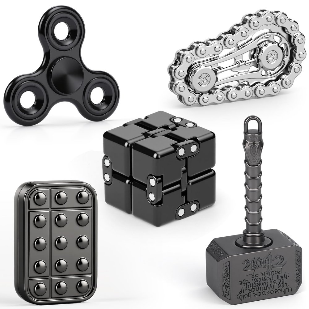 5PCS Fidget Toys Set for Kids Adults, Easter Basket Stuffers for Teen with Fidget Chain, Infinity Cube, Fidget Slider, 2 in 1 Hammer Spinner, Metal Tri Spinner, Stress Relief Office Birthday Gift