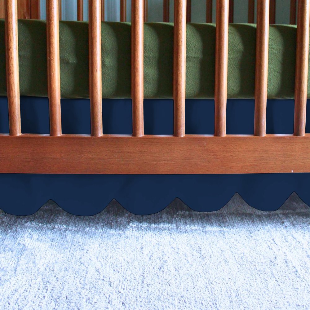 100% Microfiber Scalloped Mini Crib Skirt 24"x 38" with 10" Inch Drop Lenght with 4 Split Corners for Baby Boys Girls Soft Nursery Toddler Bed Skirt - Navy Blue Solid
