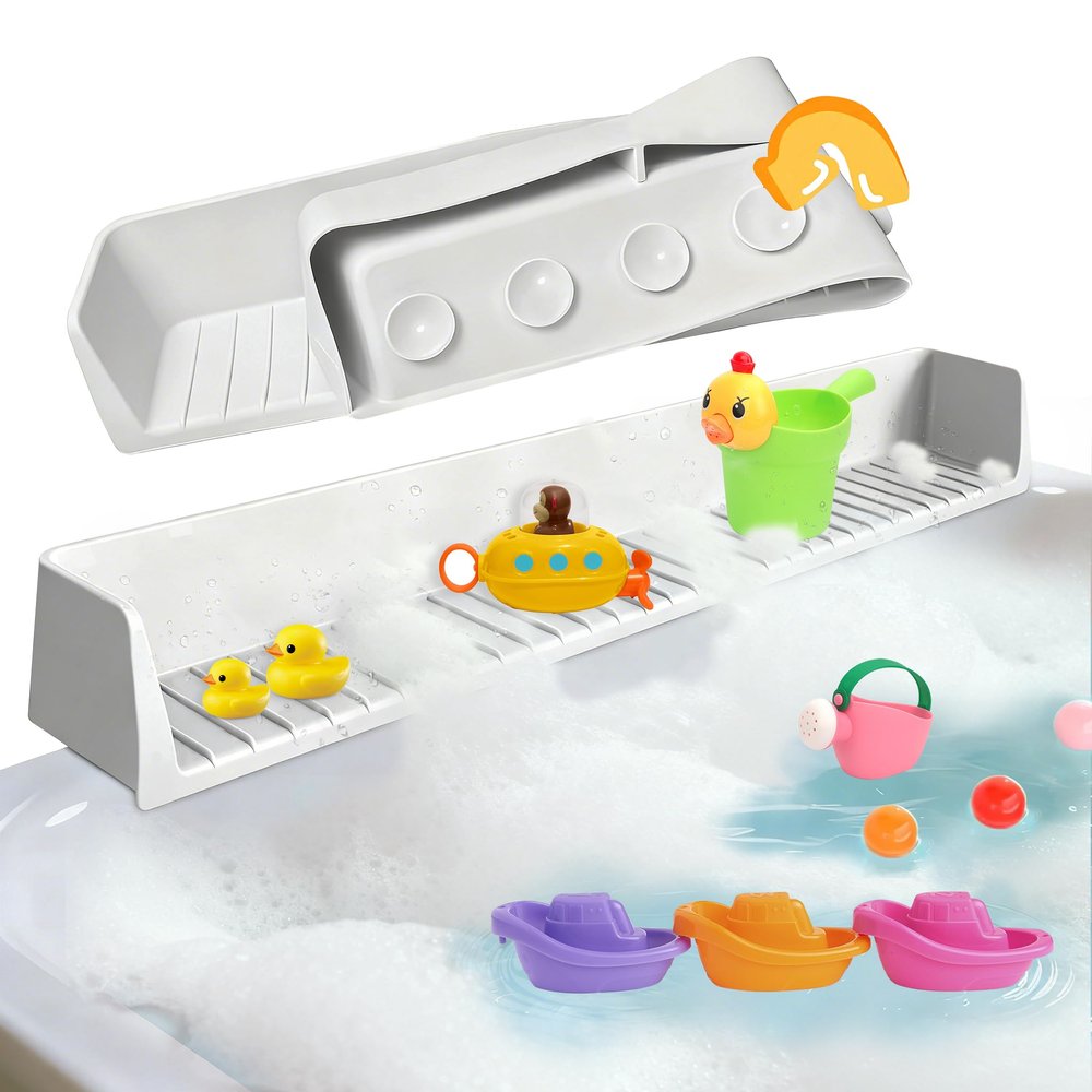 2Pack Bathtub Splash Guard for Kids Adultt - 31IN Silicone Bath Tray for Tub with 11 Suction Cups, Bath Tub Play Shelf for Kids & Toy Holder, Bathtub Accessories Prevent Water Spill in Bathroom, Gray