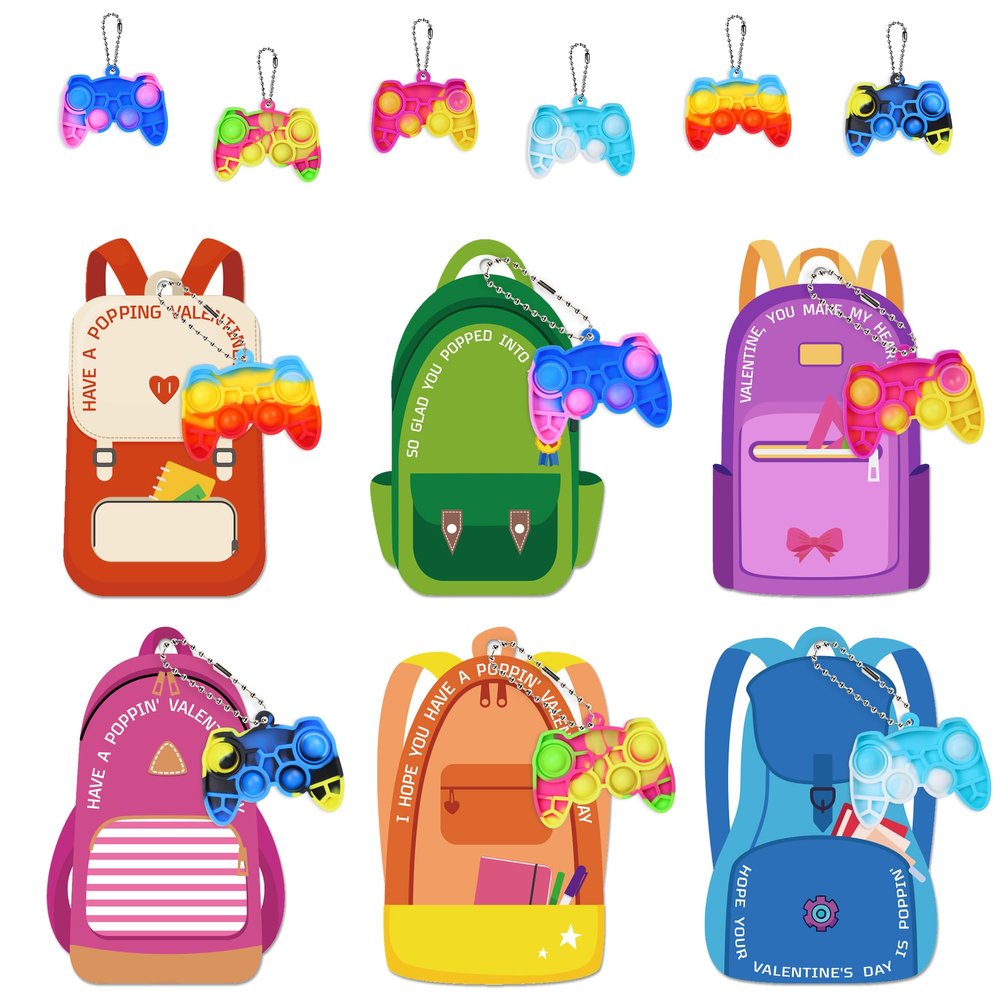24 Pcs Backpack Valentines for Class, Valentines Day Cards Pop Fidget Keychain Toys Gifts for Kids Classroom School Toddler Boys Girls Valentine s Party Favors Exchange Gifts Bulk Goodie Bag Stuffers