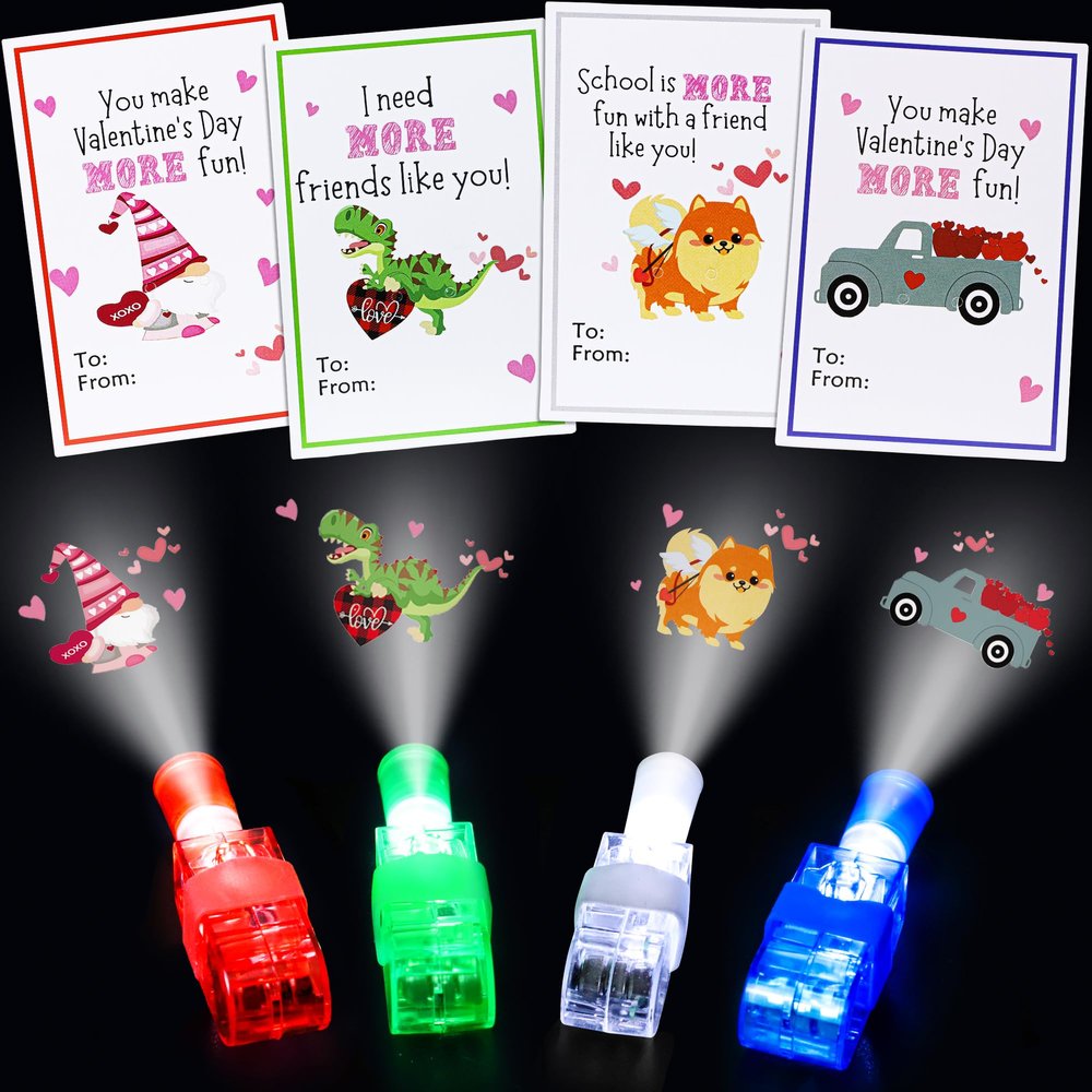 28 Pack Finger Lights Class Valentines Day Cards Gifts for Kids School Classroom Non Candy Bulk Valentines Day Treats Party Favors for Kids Boys Girls Valentines Exchange Gift Goodie Bags Stuffers