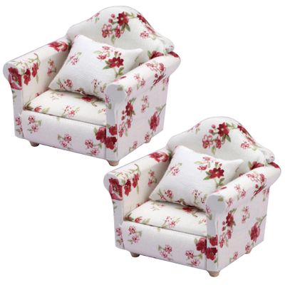 2Pcs Dollhouse Couch 1/12 Scale Floral Single Dollhouse Sofa Wood Miniature Chair Vintage Doll House Accessories for House Room Scene, Style 1..