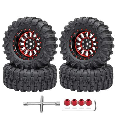 4PCS 1.3" Beadlock Wheel Tires Set 1.3inch Aluminum Wheels and Tires for 1/18 TRX4M 1/24 SCX24 FCX24 RC Crawler Car (Tires B + red Wheel hub)