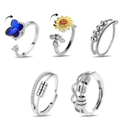 PQJSJDR 5 Pcs Anxiety Rings for Women,Silver Stainless Steel Anti Anxiety Ring Spinning,Open Anti-worry Spinner Ring,Adjustable Ring for Women Birthday and Valentine's Day(K1)