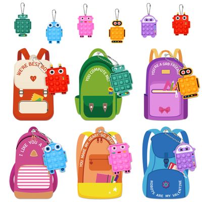 24 Pcs Backpack Valentine Day Cards for Kids, Pop Fidget Keychains Toddler Boys Robot Valentines Gifts Bulk for Kids Class Preschool Girls Valentine s Day Party Favors for Classroom Gift Exchange