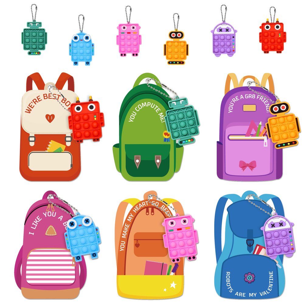 24 Pcs Backpack Valentine Day Cards for Kids, Pop Fidget Keychains Toddler Boys Robot Valentines Gifts Bulk for Kids Class Preschool Girls Valentine s Day Party Favors for Classroom Gift Exchange