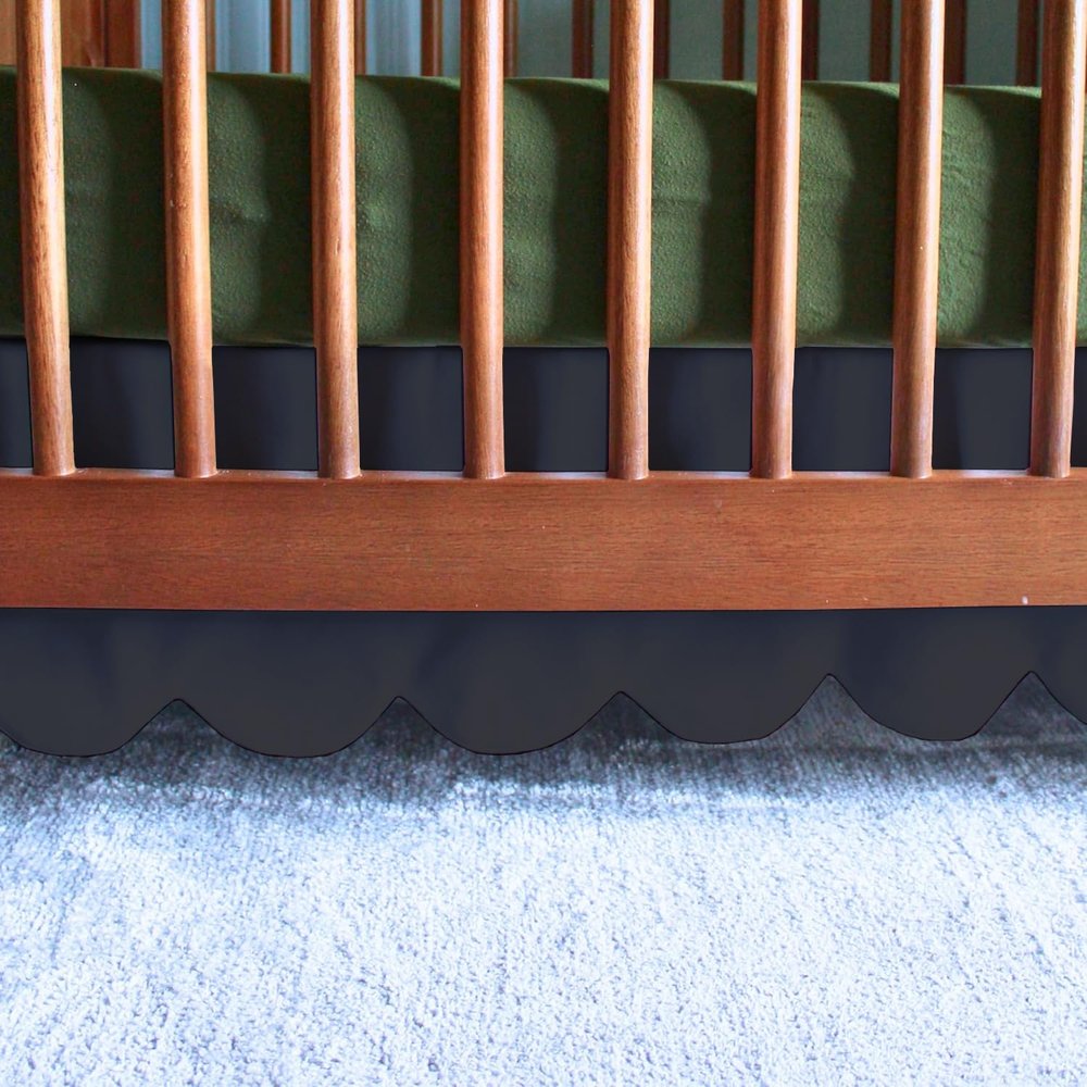 100% Microfiber Scalloped Crib Skirt 28"x 52" with 14" Inch Drop Lenght with 4 Split Corners for Baby Boys Girls Soft Nursery Toddler Bed Skirt - Black Solid