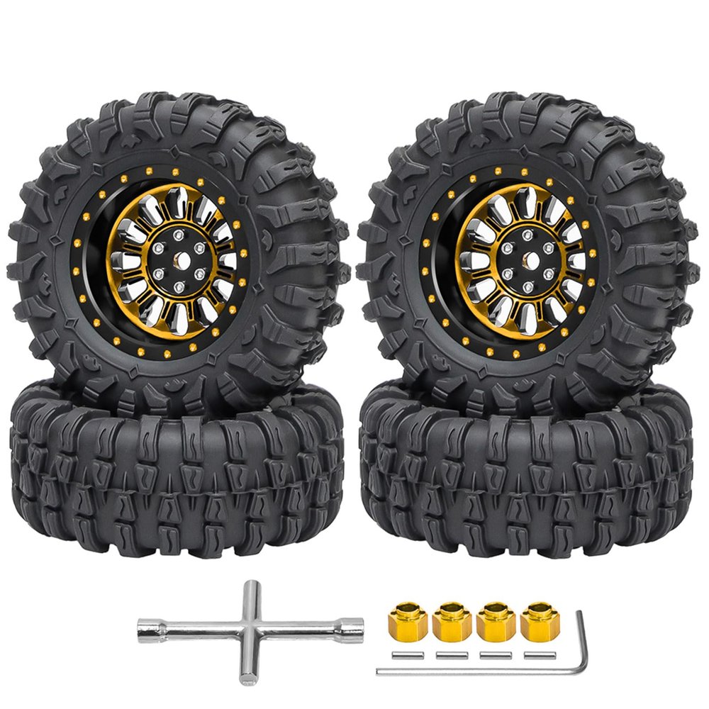 4PCS 1.3" Beadlock Wheel Tires Set 1.3inch Aluminum Wheels and Tires for 1/18 TRX4M 1/24 SCX24 FCX24 RC Crawler Car (Tires B + Gold Wheel hub)