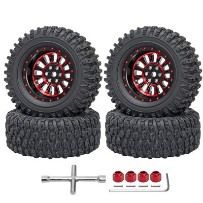 4PCS 1.3" Beadlock Wheel Tires Set 1.3inch Aluminum Wheels and Tires for 1/18 TRX4M 1/24 SCX24 FCX24 RC Crawler Car (Tires A + red Wheel hub)