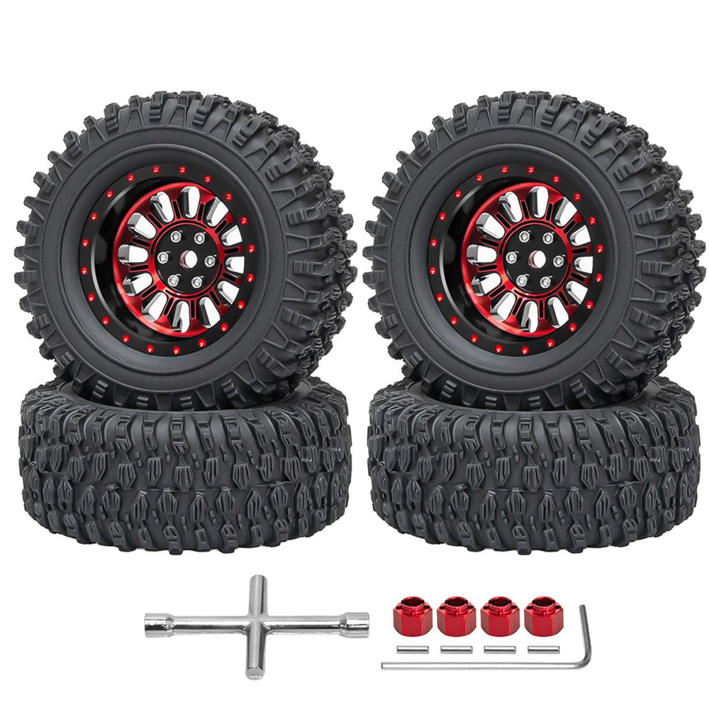 4PCS 1.3" Beadlock Wheel Tires Set 1.3inch Aluminum Wheels and Tires for 1/18 TRX4M 1/24 SCX24 FCX24 RC Crawler Car (Tires A + red Wheel hub)