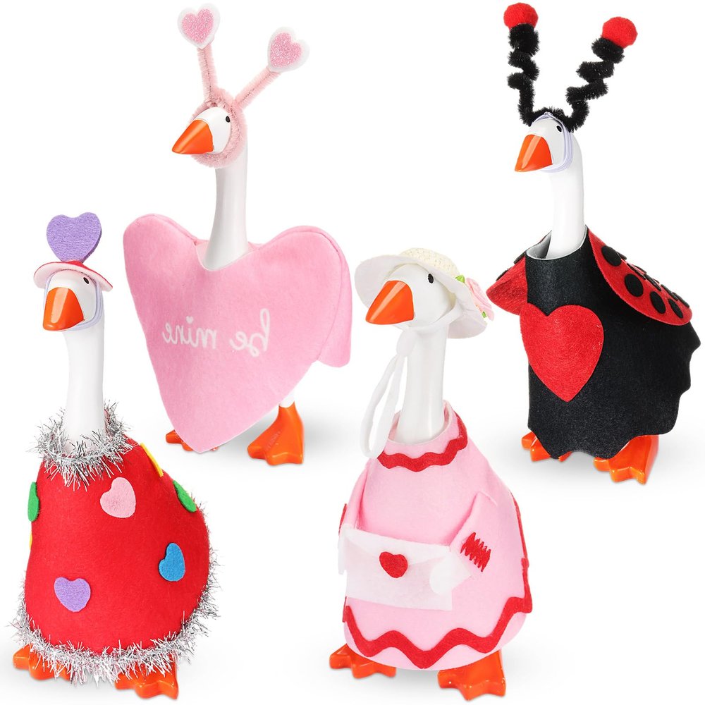 AmazingSpark 4 Sets Valentine's Day Mini Desk Goose Outfit 7 Inch Magnetic Silly Goose Statue Key Holder Red and Pink Romantic Valentine Clothes for Magnetic Duck Statue Table Desk Key Holder Decor