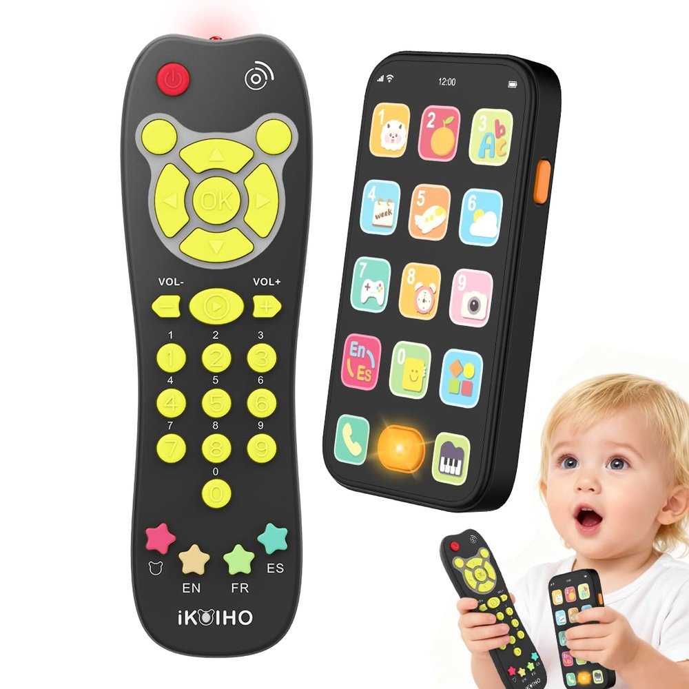 Baby Phone TV Remote Toy Set, Bilingual Play Phones Toy Remote for Baby with Music Light for 6+ Months, Early Learning Baby Toys Gift for 1 Year Old Boys Girls Toddler Infant, English/Spanish, Black