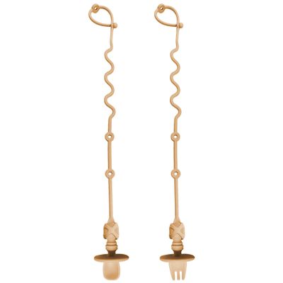 4PK Baby Spoon and Fork with Holder Straps for Kids Aged 6+ Months Self Feeding, No Throw Toddler Travel Essential Leash for High Chair or Bib or Wrist, Silicone Baby Led Weaning Supplies (Beige)