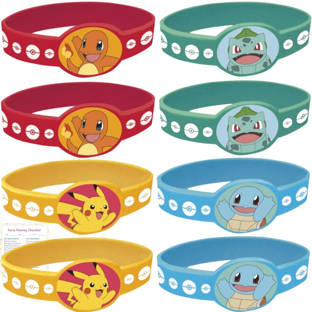Unique Pokemon Party Bracelets | 8 Count | Fun Birthday Party Favors and Decorations | Officially Licensed | includes Checklist