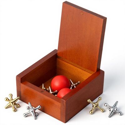 Hiboom 1 Pack Metal Jacks Game with Balls in Keepsake Wooden Box, Vintage Jacks Game for Kids and Adults Nostalgic Floor Games Retro Old School Board Games for Family Night, Birthday Party Favor