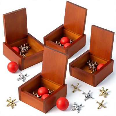 Hiboom 4 Pack Metal Jacks Game with Balls in Keepsake Wooden Box, Vintage Jacks Game for Kids and Adults Nostalgic Floor Games Retro Old School Board Games for Family Night, Birthday Party Favor
