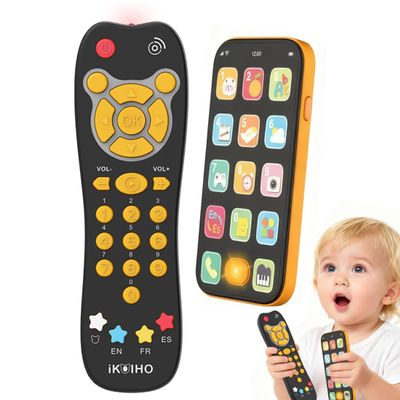 Baby Phone TV Remote Toy Set, Bilingual Play Phones Toy Remote for Baby with Music Light for 6+ Months, Early Learning Baby Toys Gift for 1 Year Old Boys Girls Toddler Infant, English/Spanish, Orange