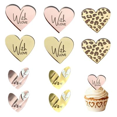10pcs Valentines Day Acrylic Heart Shape Cupcake Topper Gold Mirror Acrylic Cupcake Decoration Love You Cake Topper For Valentine's Day Wedding