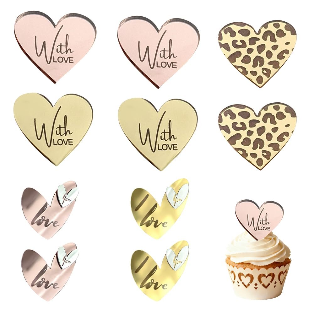 10pcs Valentines Day Acrylic Heart Shape Cupcake Topper Gold Mirror Acrylic Cupcake Decoration Love You Cake Topper For Valentine's Day Wedding