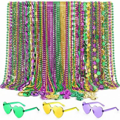 Civaner 36 Pcs Mardi Gras Beads Necklaces and 3 Pcs Heart Sunglasses Bulk Gold Purple Green Mardi Gras Necklaces Carnival Costumes Decorations for Carnival Parade Supplies