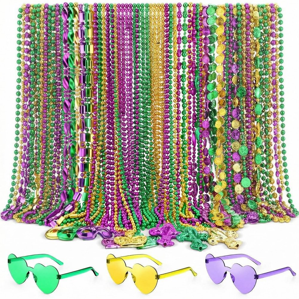 Civaner 36 Pcs Mardi Gras Beads Necklaces and 3 Pcs Heart Sunglasses Bulk Gold Purple Green Mardi Gras Necklaces Carnival Costumes Decorations for Carnival Parade Supplies