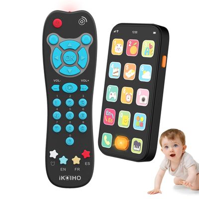 Toy Phone Baby Remote Control Toy Set, Play Phones TV Remote Control with Music Light for 6+ Months, Early Learning Baby Toys Gift for 1 Year Old Boys Girls Toddler Infant Kids, English/Spanish, Blue