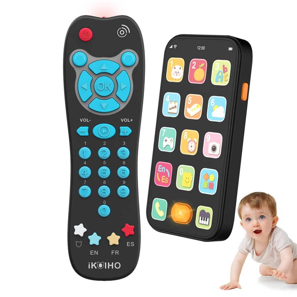 Toy Phone Baby Remote Control Toy Set, Play Phones TV Remote Control with Music Light for 6+ Months, Early Learning Baby Toys Gift for 1 Year Old Boys Girls Toddler Infant Kids, English/Spanish, Blue