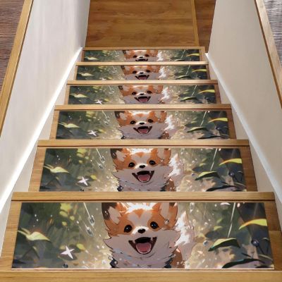 15 Packs Cute Cartoon corgi-1495 Non-Slip Stair Treads for Wooden Steps Indoor, 30''X8'' Indoor Runner Resistant Stair Mat Staircase Steps Rugs for Children,Elders,Dogs