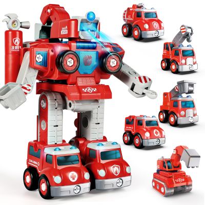 Baobrava Transformers Toys for 4 5 6 7 8 Year Old Boys, 5-in-1 Fire Truck Car Toys Take Apart Transform to Robot, STEM Montessori Drill Screw Set, Valentines Easter Basket Stuffers Birthday Gifts