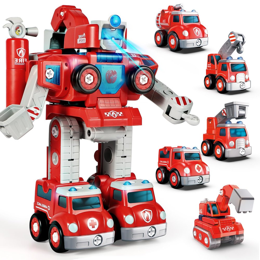 Baobrava Transformers Toys for 4 5 6 7 8 Year Old Boys, 5-in-1 Fire Truck Car Toys Take Apart Transform to Robot, STEM Montessori Drill Screw Set, Valentines Easter Basket Stuffers Birthday Gifts