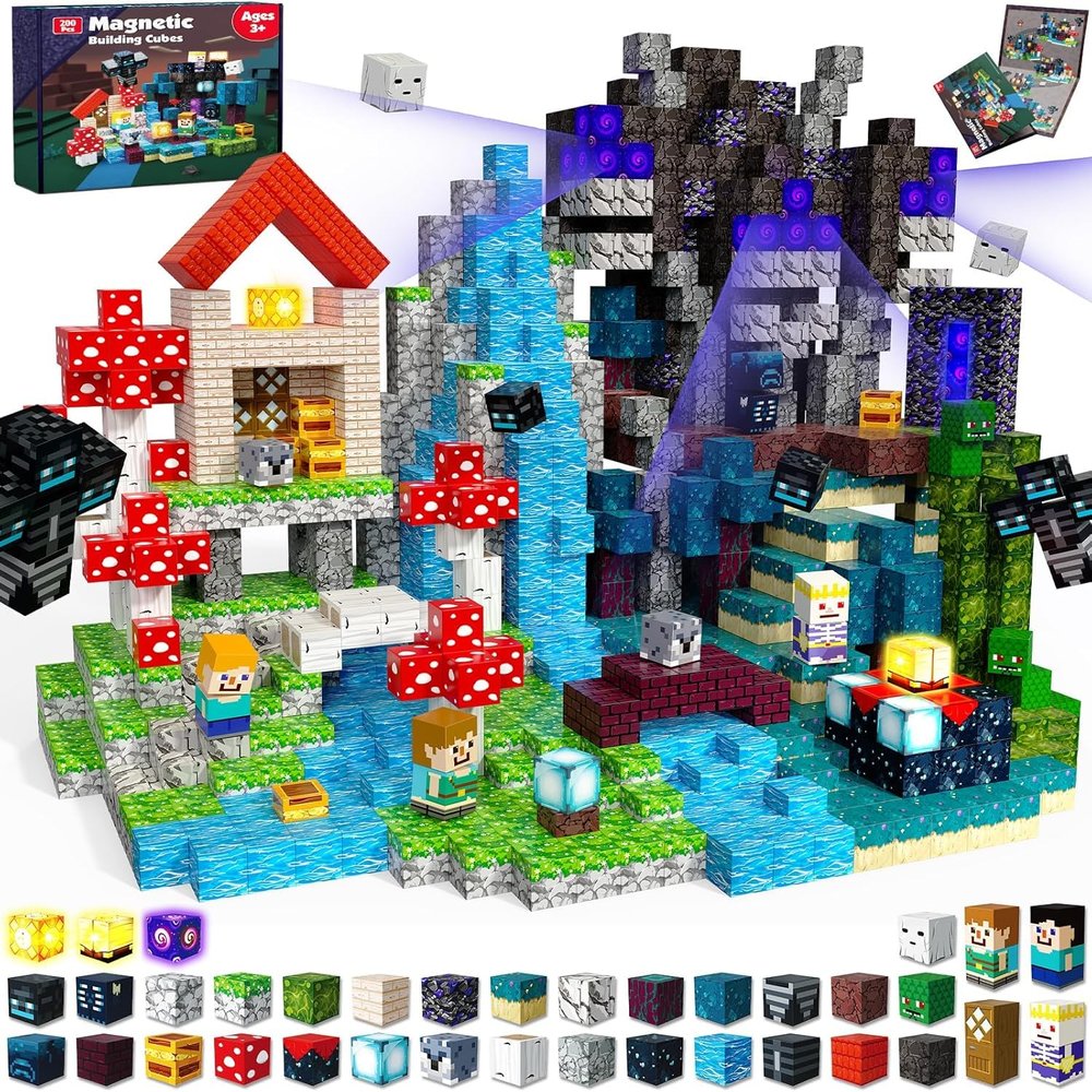 Annexfun 200PCS Magnetic Blocks with Light Up Blocks - Magnetic Building Blocks, Magnetic Cubes STEM Sensory Learning Toys for Kids, Birthday Gifts for Boys and Girls Ages 3+