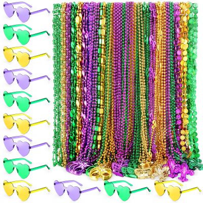 Civaner 144 Pcs Mardi Gras Bead Necklaces and 12 Pcs Heart Sunglasses Bulk Metallic Bead Necklaces Purple Gold Green Mardi Gras Costume Accessories for Carnival Parade Party Favors