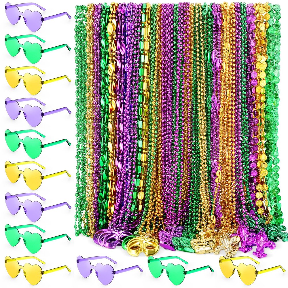 Civaner 144 Pcs Mardi Gras Bead Necklaces and 12 Pcs Heart Sunglasses Bulk Metallic Bead Necklaces Purple Gold Green Mardi Gras Costume Accessories for Carnival Parade Party Favors