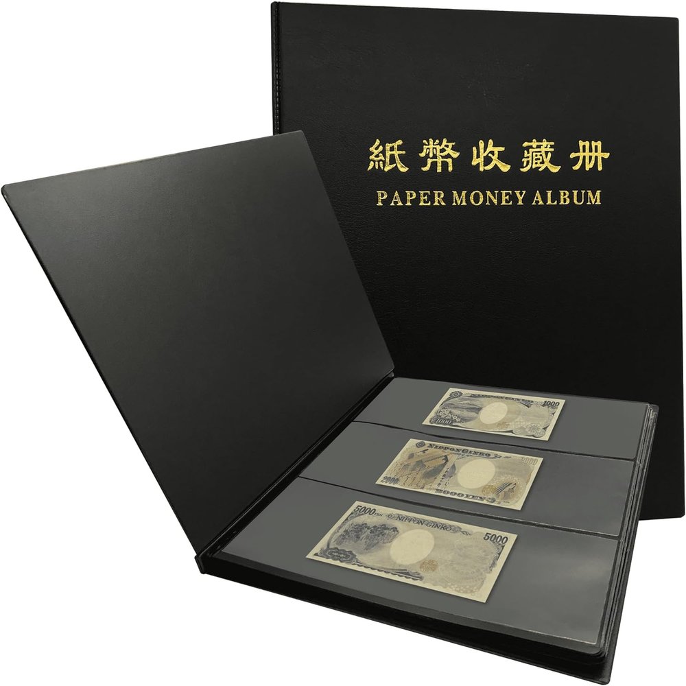 PCCB MINGT 3 Rows 60 Slots Multi-Colour Optional Paper Money Collection Album Banknote Display Storage Album with Black Background Sheets (Black)