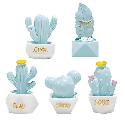 5Pcs Mini Resin Cactus Figurines  Cute Micro Landscape Ornaments for Garden, Living Room, Office, Automotive Interior Decoration, DIY Desktop Decor,Fun Collectible Home & Party DecorationLight Blue